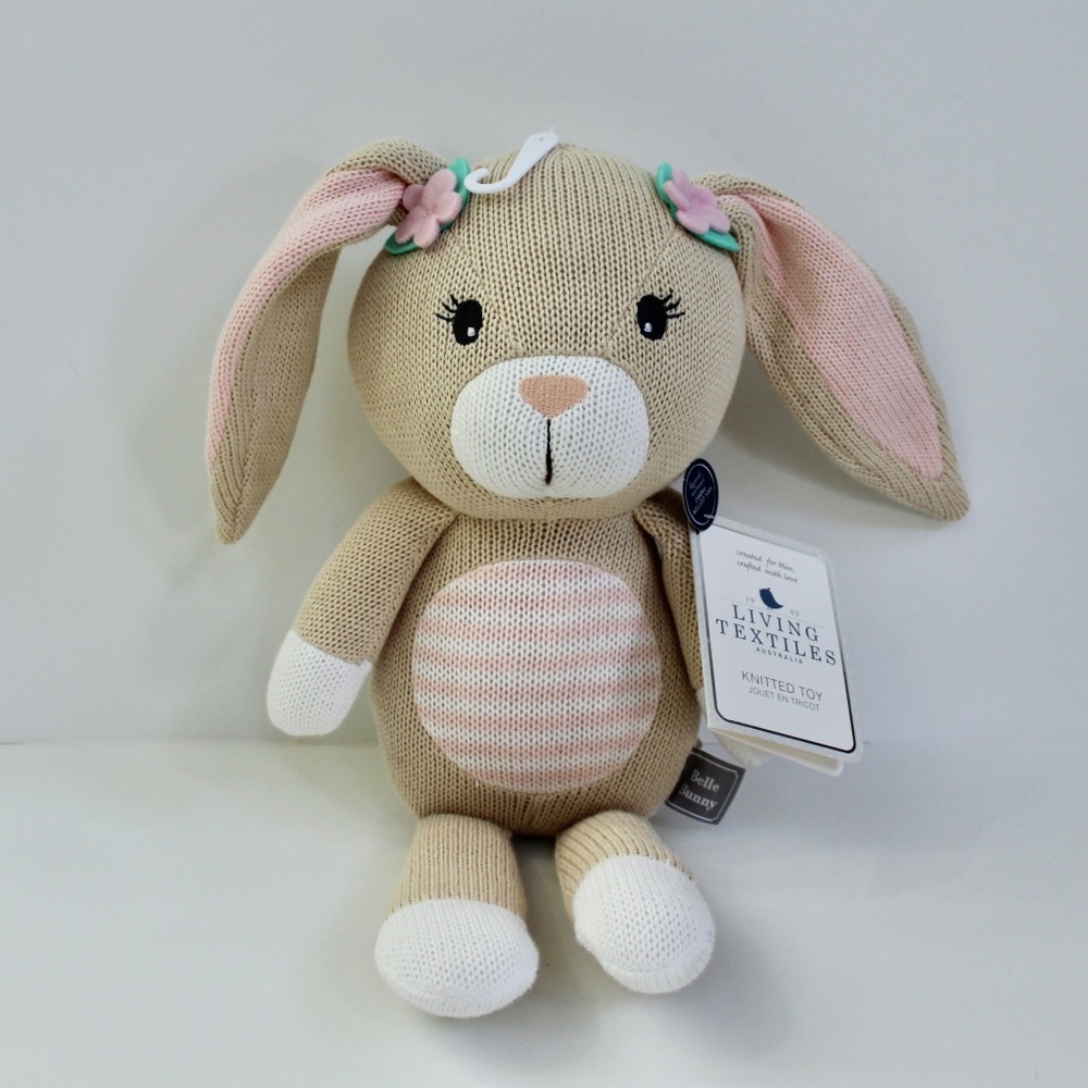 Living Textiles Australia Belle Bunny Whimsical Knit Plush Lovey Rattle Doll 14"